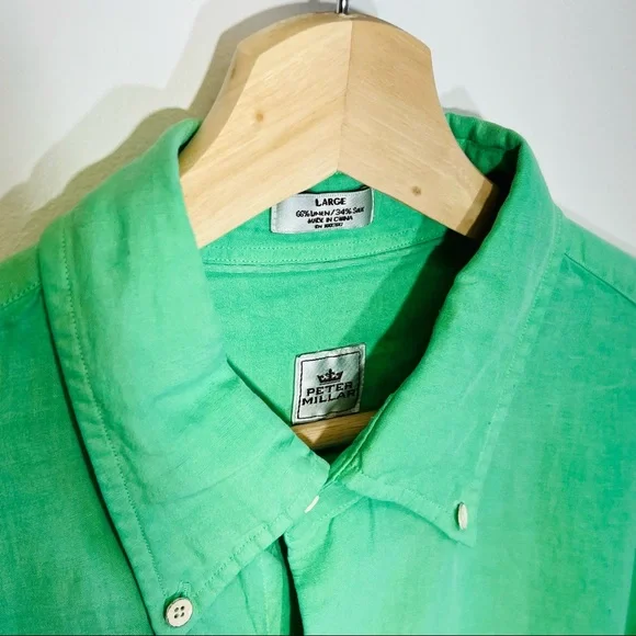 PETER MILLAR Mens Kelly Green Silk & Linen Long Sleeve Button Shirt Size LARGE - Picture 3 of 5